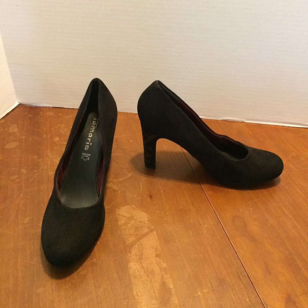 Anthropology Tamaris Black Suede Heels With Stud Accent Design